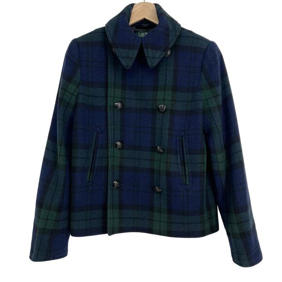 Vtg Lauren Ralph Lauren Black Watch Plaid Peacoat Wool Womens 0 Green Navy - Picture 1 of 11